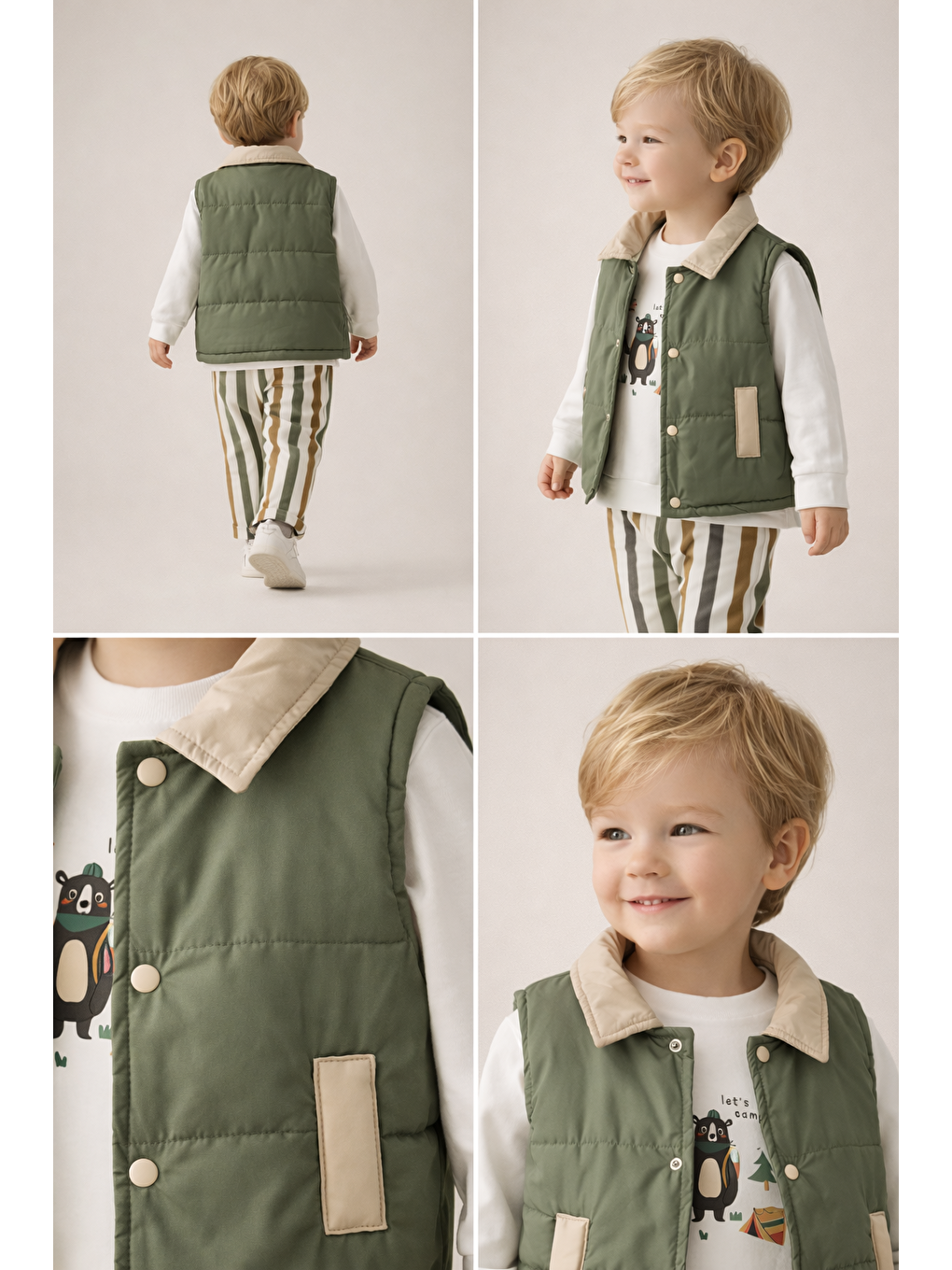 Yeşil Erkek Çocuk Yelek-Sweatshirt-Çizgili Pantolon 3'lü Takım (2-5 Yaş)-2