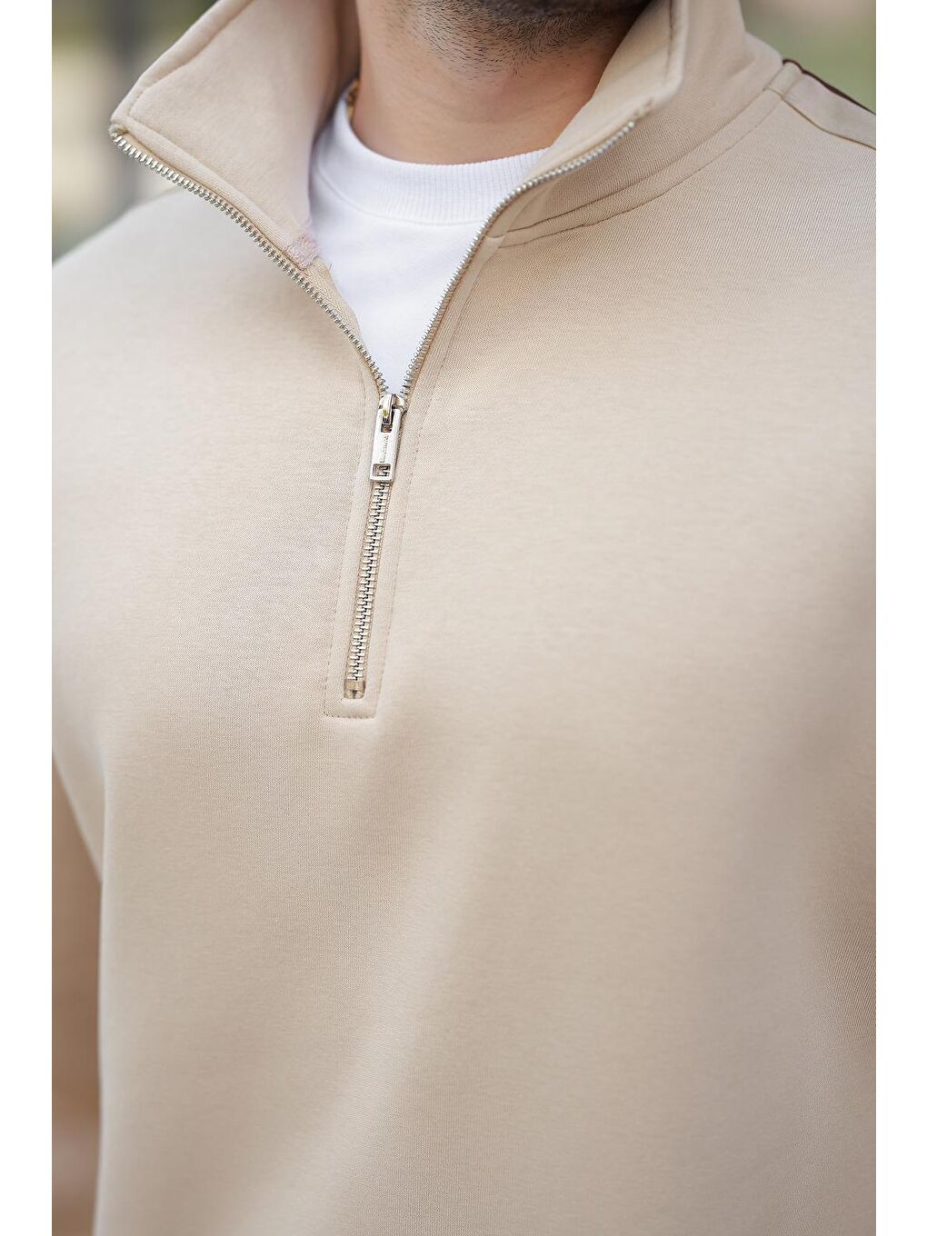 Bej Kahverengi Fermuarlı Dik Yaka Erkek Sweatshirt E7164-3