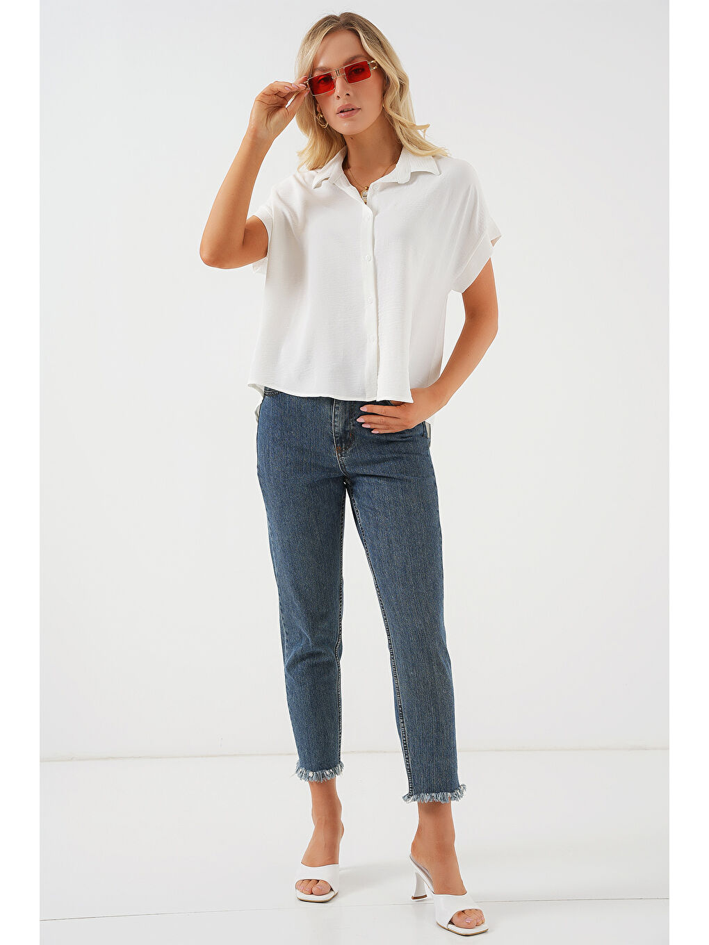 Kadın Oversize Kısa Kol Gömlek 20322 - Beyaz-1