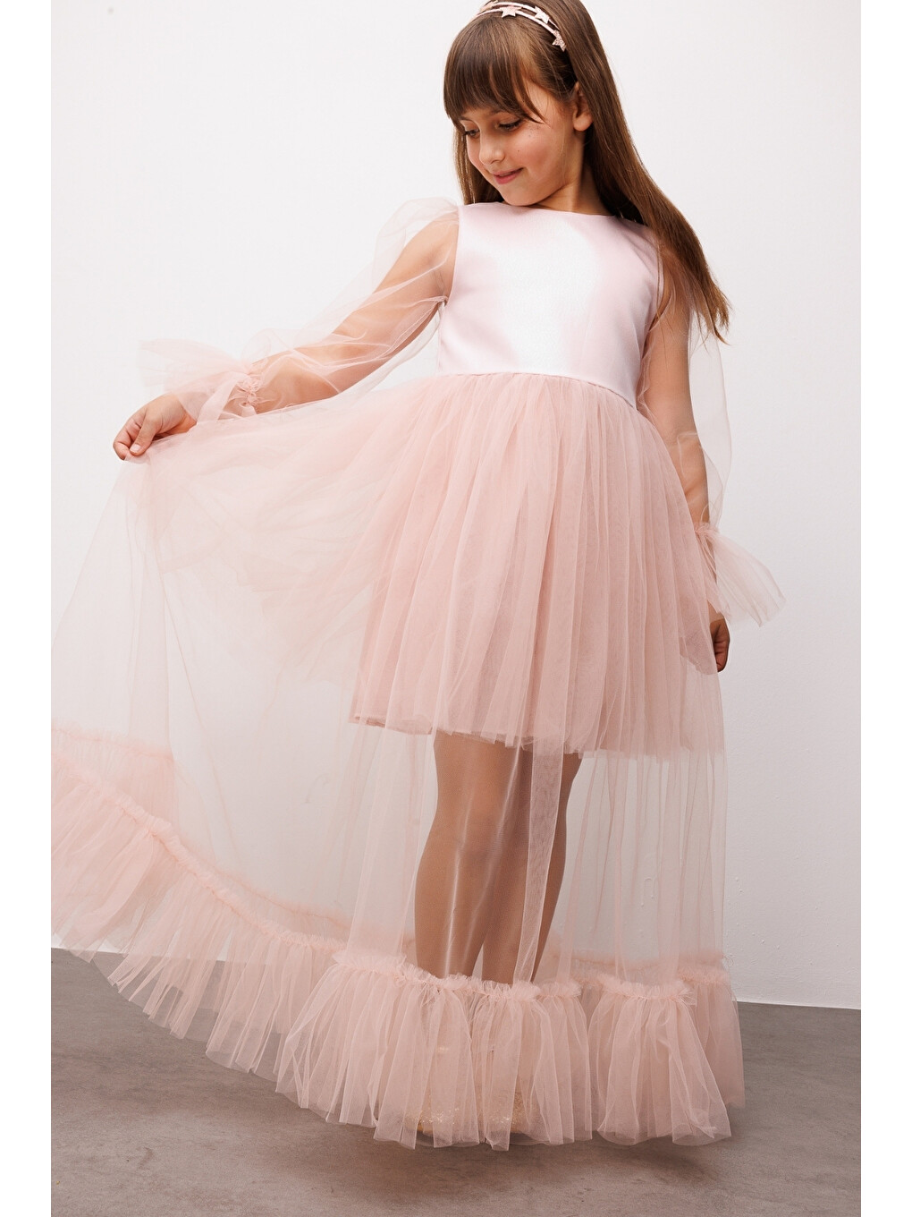 Pembe Pudra Simli Uzun Tül Etekli Kız Çocuk Elbise - Harriet-1