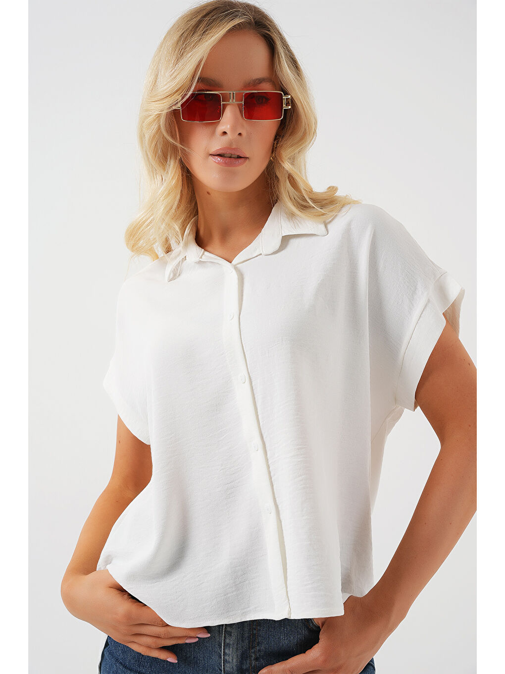 Kadın Oversize Kısa Kol Gömlek 20322 - Beyaz-2