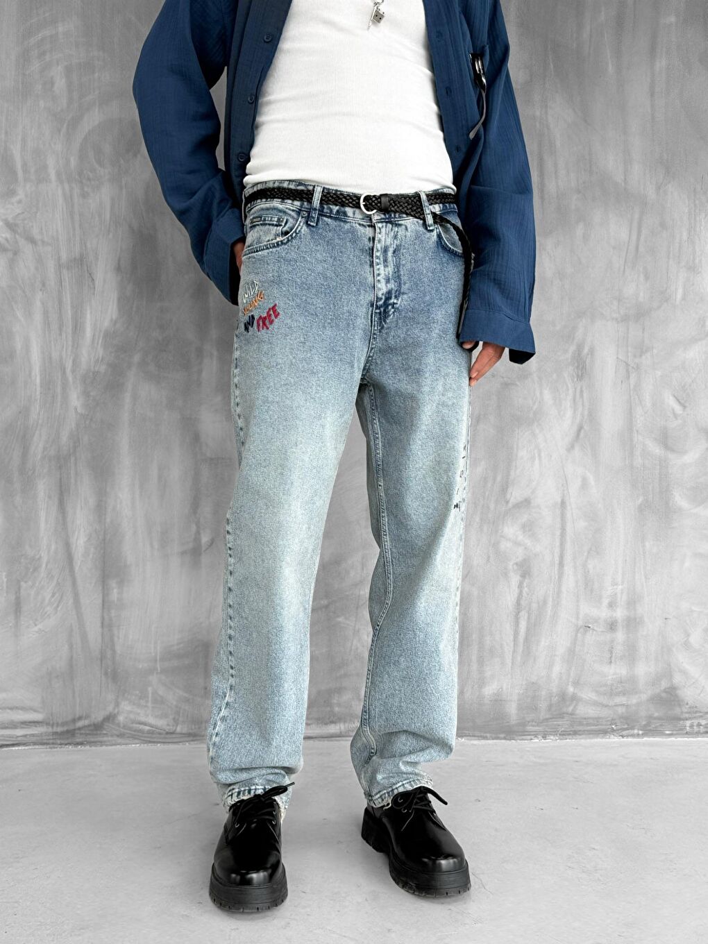 Erkek Slogan İşlemeli Baggy Jean Pantolon Mavi