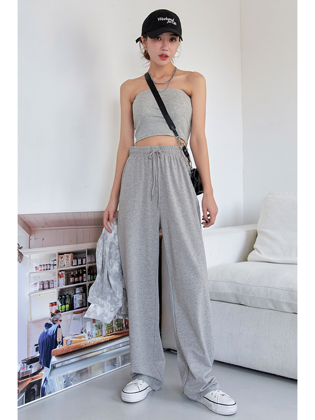 Gri Bağcıklı Bel Düz Paça Eşofman Altı, Kadın Eşofman Altı-1