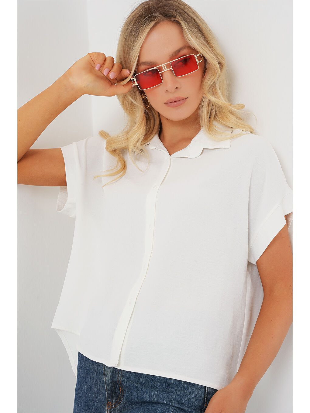 Kadın Oversize Kısa Kol Gömlek 20322 - Beyaz-3