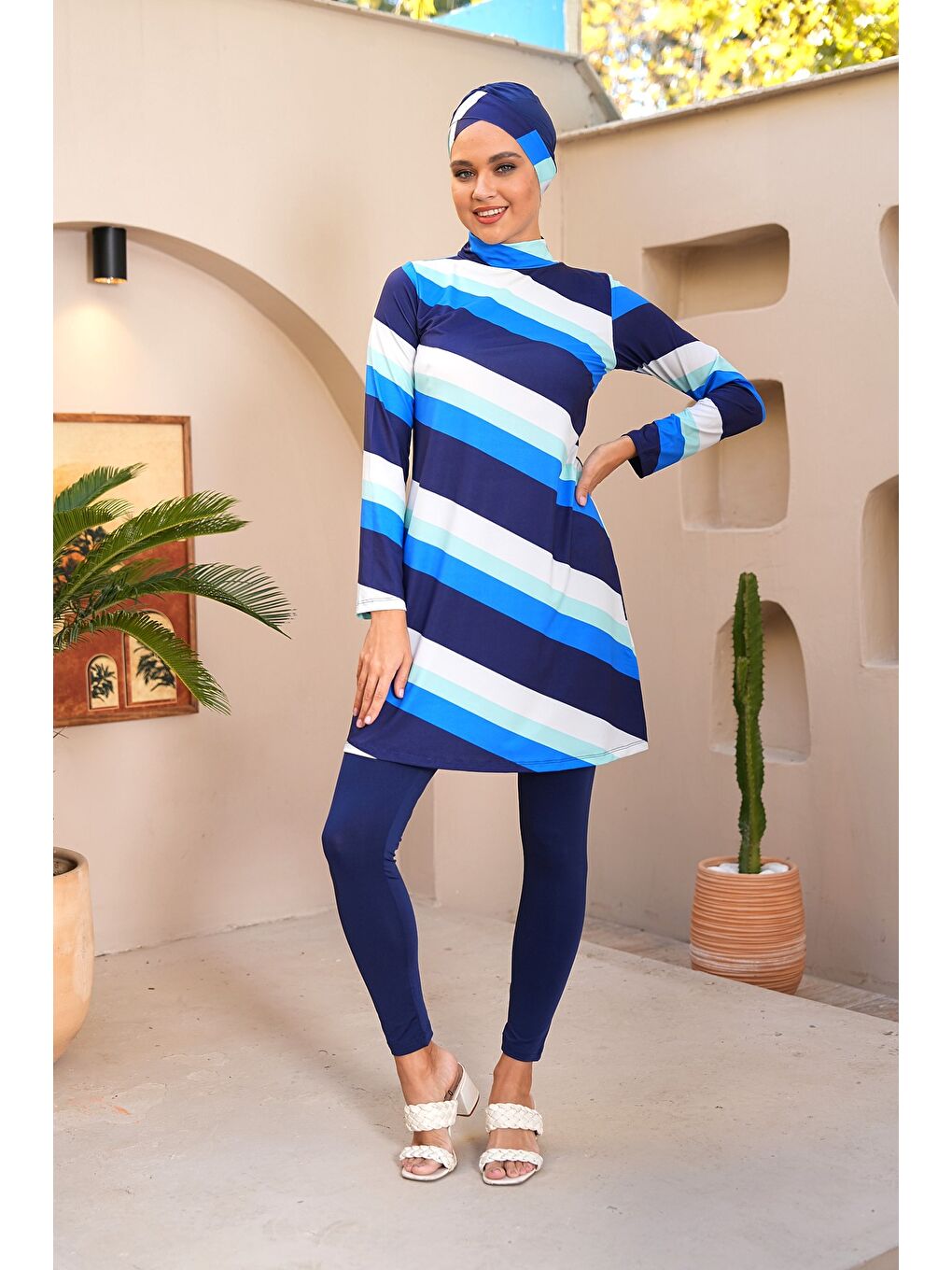 Lacivert Şerit Desenli Taytlı Kapalı Tesettür Mayo 3722