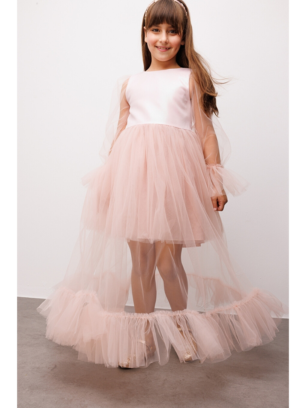 Pembe Pudra Simli Uzun Tül Etekli Kız Çocuk Elbise - Harriet-2