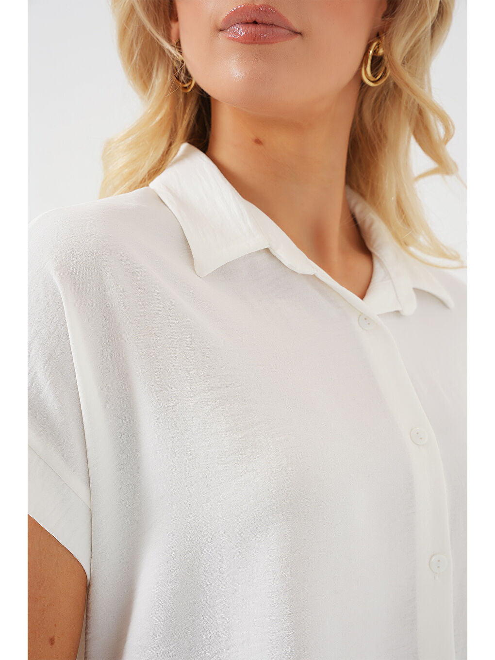 Kadın Oversize Kısa Kol Gömlek 20322 - Beyaz-4