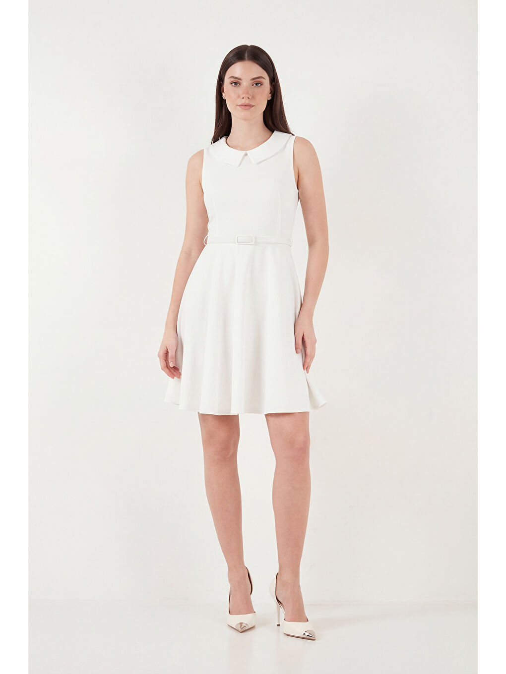 Ekru A Kesim Regular Fit Yaka ve Kemer Detaylı Mini Davet Elbise 6525740-4