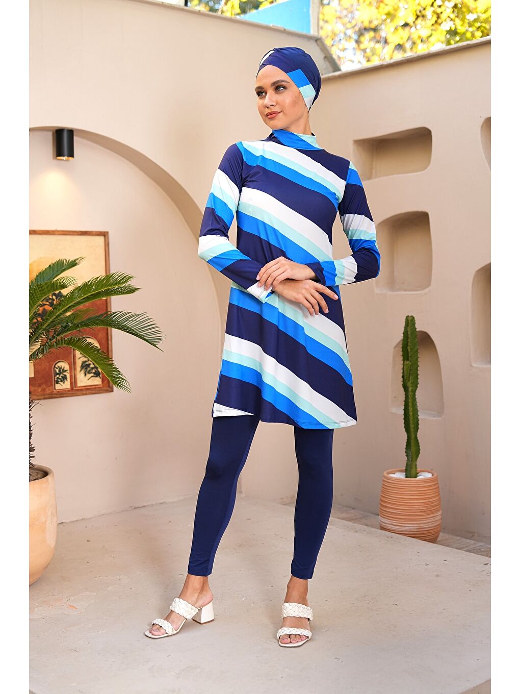 Lacivert Şerit Desenli Taytlı Kapalı Tesettür Mayo 3722-1