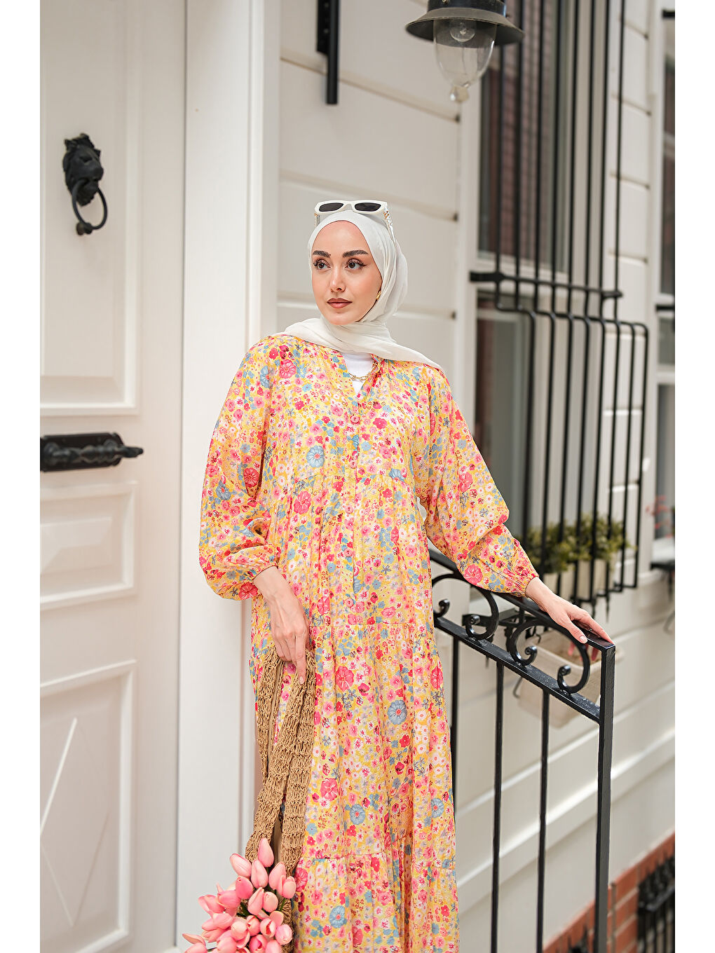 Kadın Karışık Çicek Desen Elbise Sarı-3