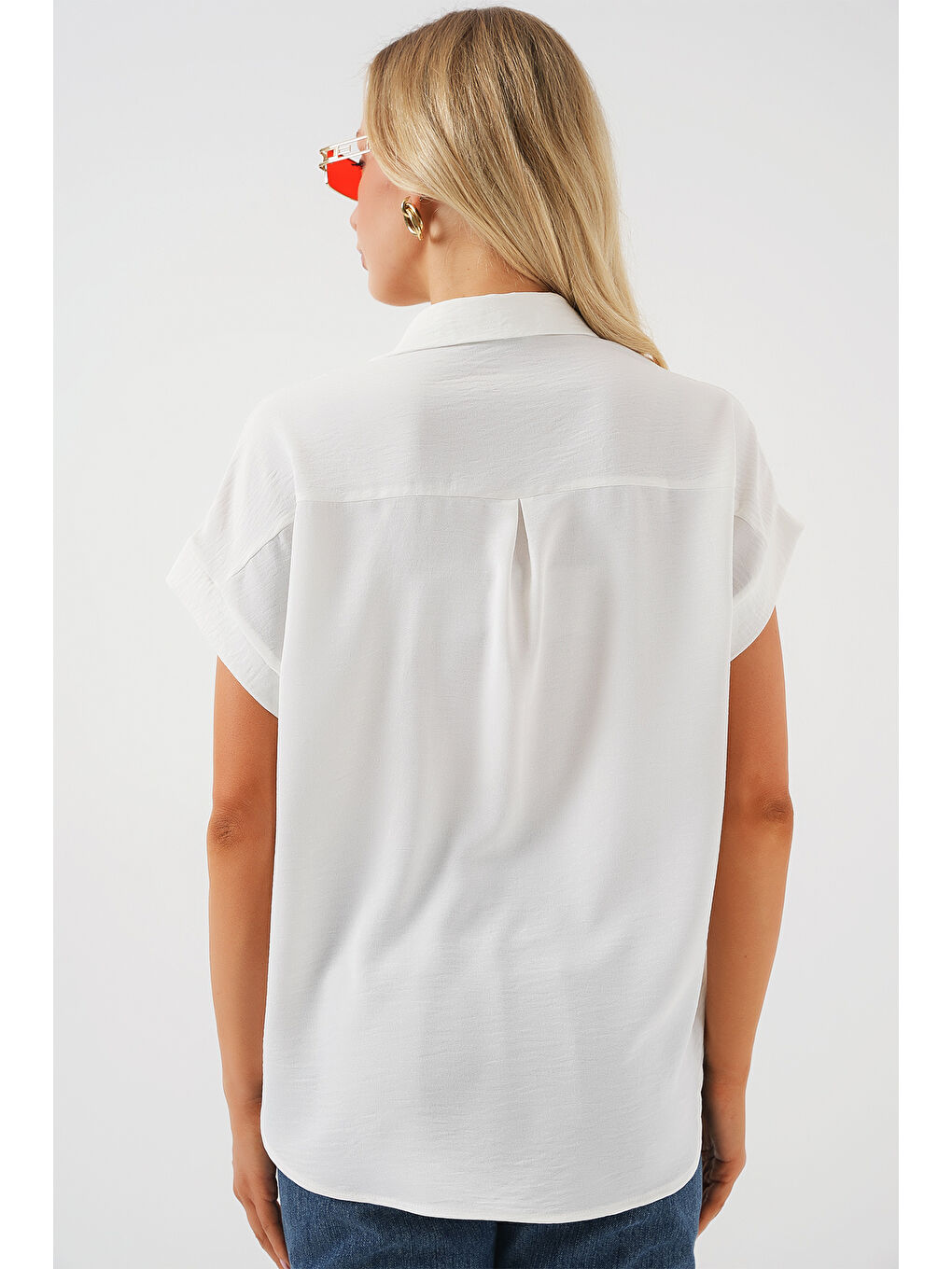 Kadın Oversize Kısa Kol Gömlek 20322 - Beyaz-5
