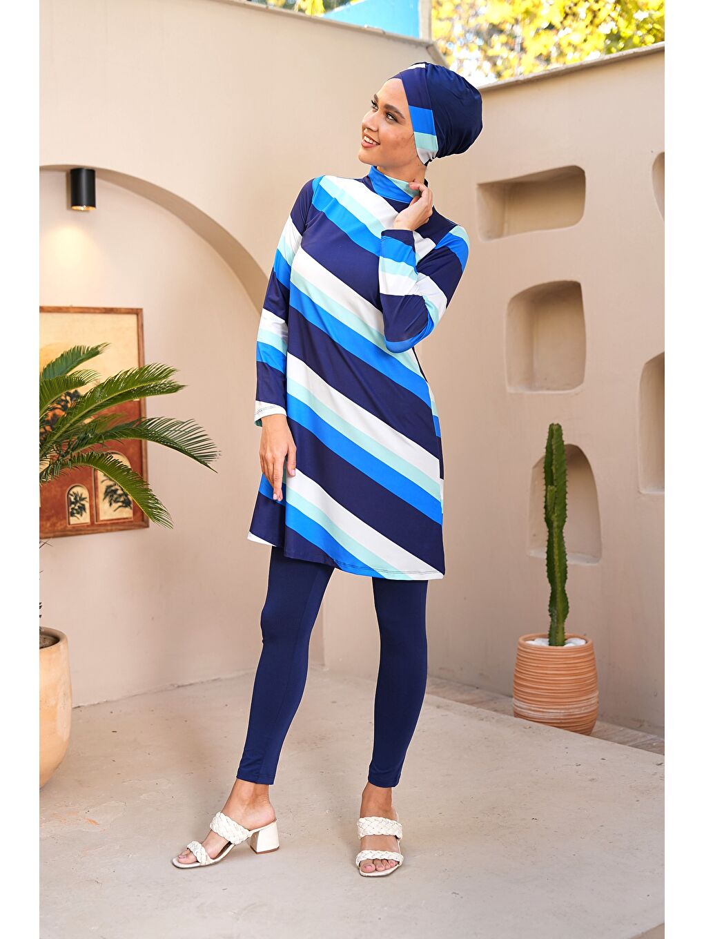 Lacivert Şerit Desenli Taytlı Kapalı Tesettür Mayo 3722-2