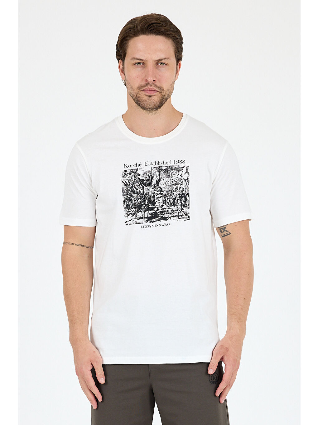 Ekru Erkek %100 Pamuk Bisiklet Yaka Kısa Kollu Baskılı Tişört Rahat ve Günlük Erkek Tişört 0018