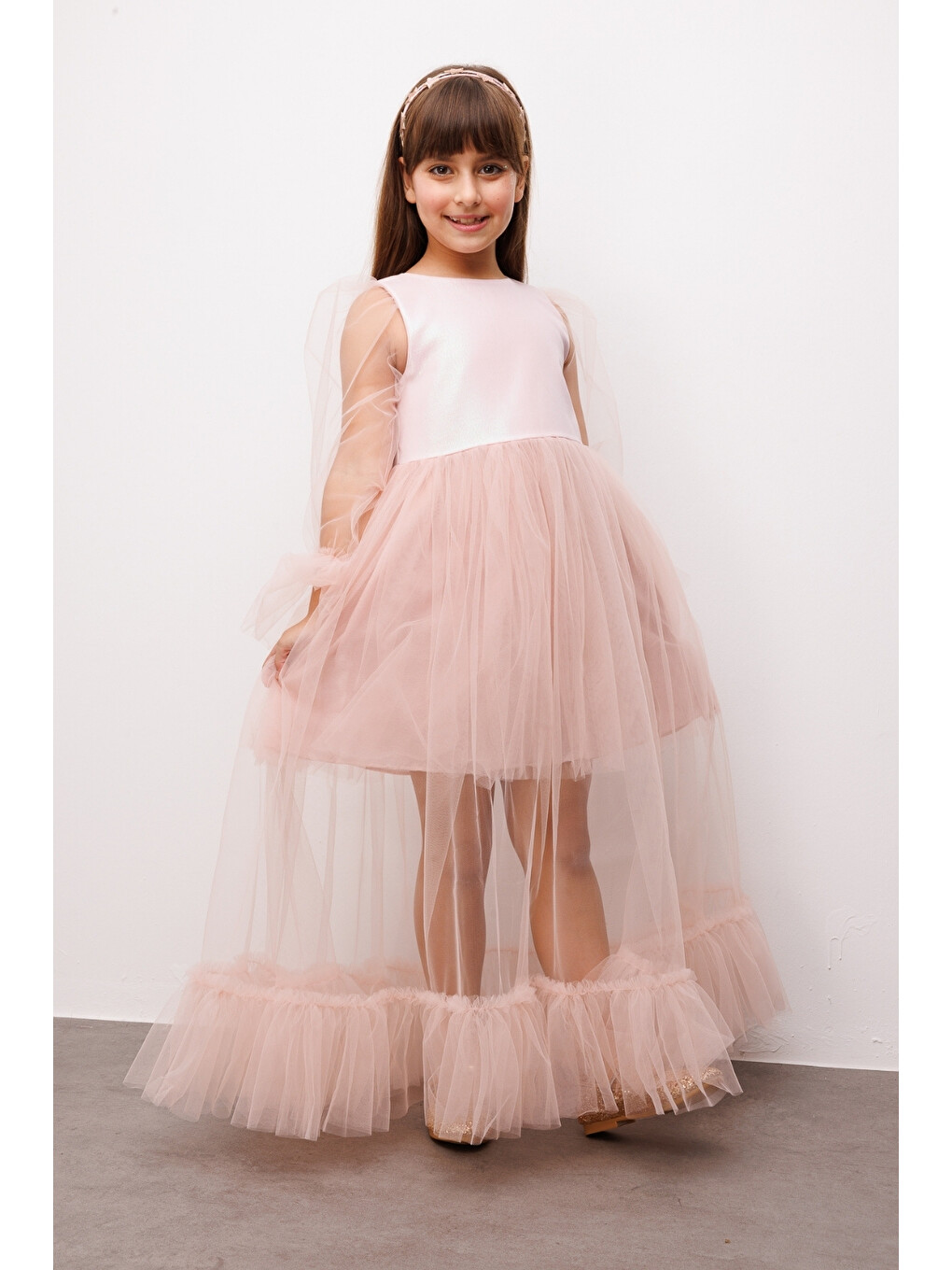 Pembe Pudra Simli Uzun Tül Etekli Kız Çocuk Elbise - Harriet-3