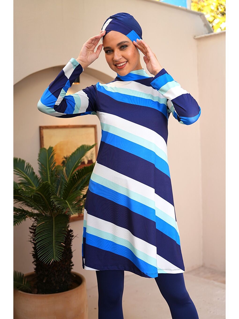 Lacivert Şerit Desenli Taytlı Kapalı Tesettür Mayo 3722-3