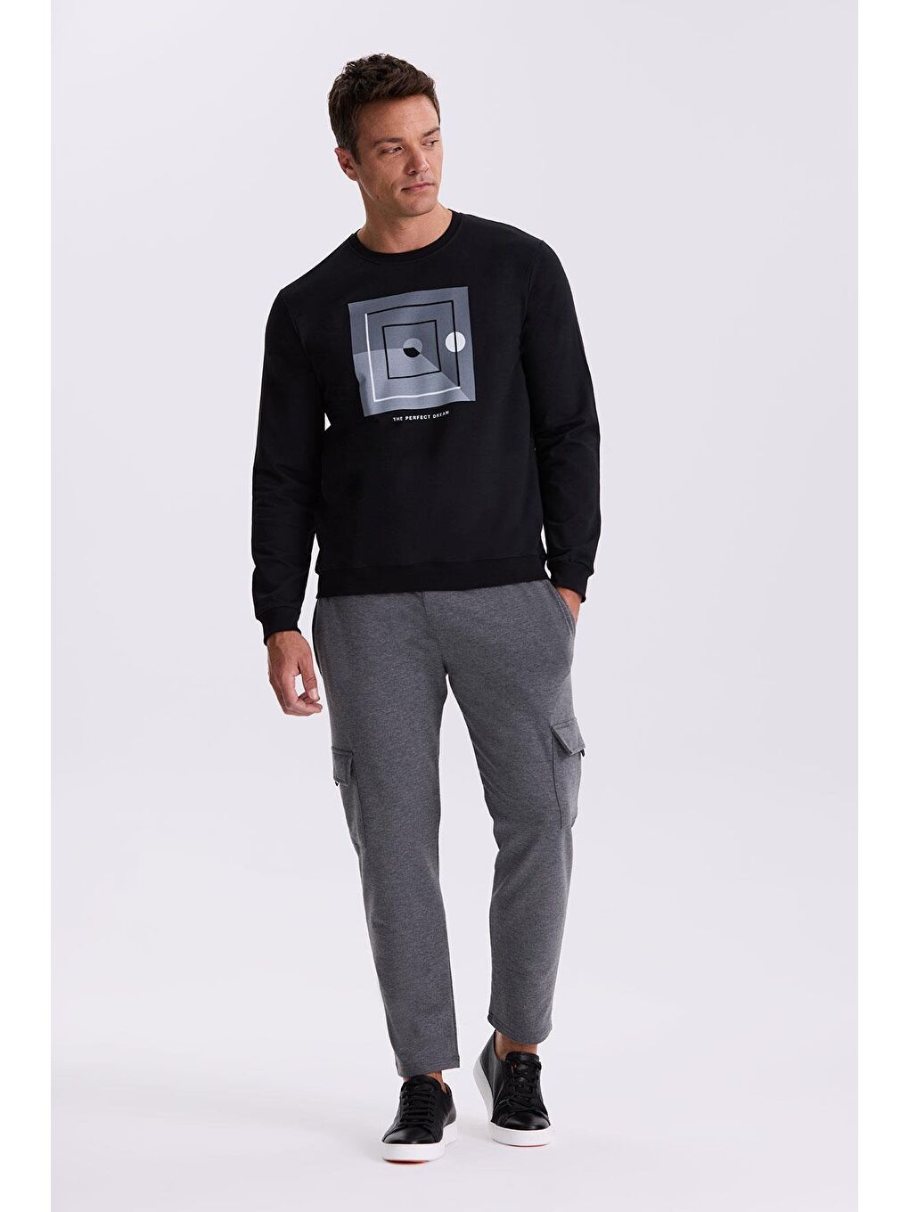 Siyah Slim Fit Bisiklet Yaka Baskılı %100 Pamuk Sweatshirt-1