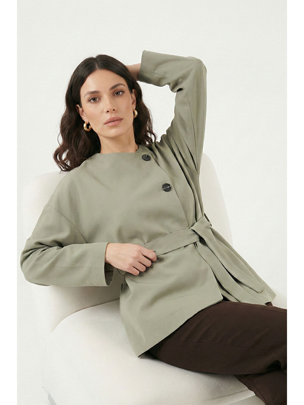 Haki Regular Fit Bisiklet Yaka Kemer Detaylı Trençkot 6927672-2