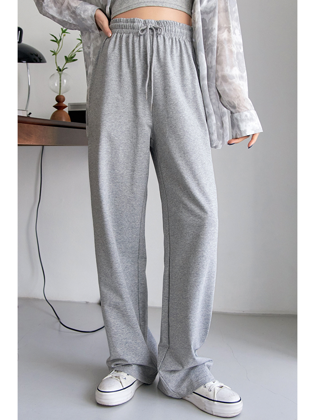 Gri Bağcıklı Bel Düz Paça Eşofman Altı, Kadın Eşofman Altı-2