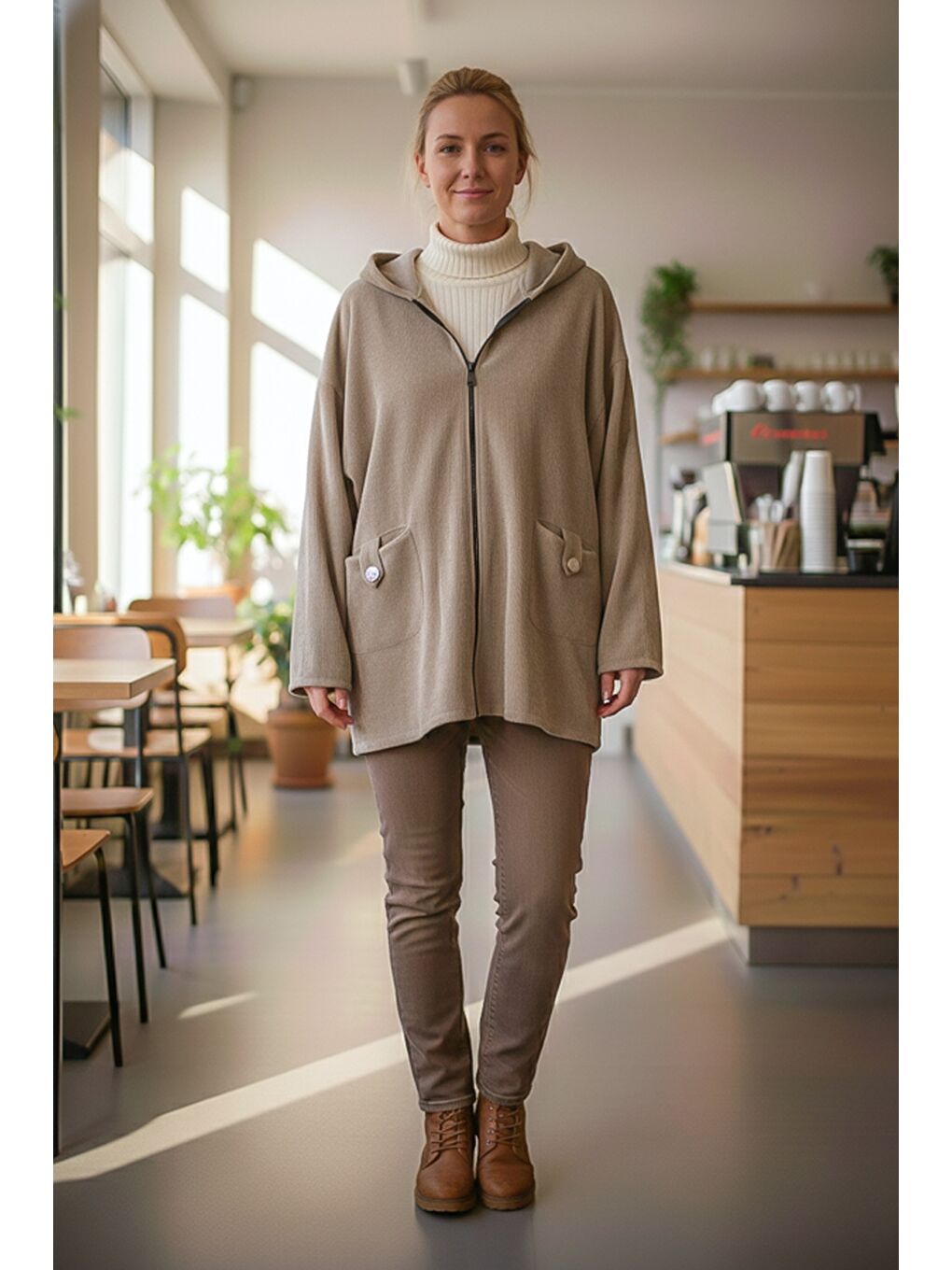 İtalyan Bej Kapüşonlu Uzun Kol Fermuarlı Cepli Casual Kadife Oversize Dokuma Ceket 0 0-1