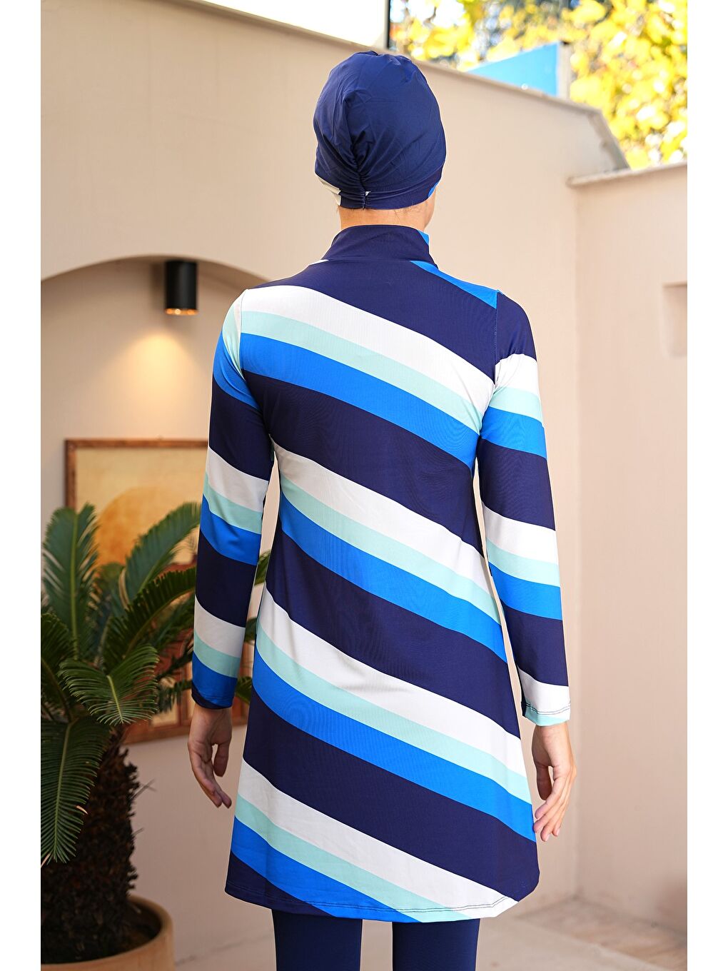 Lacivert Şerit Desenli Taytlı Kapalı Tesettür Mayo 3722-4