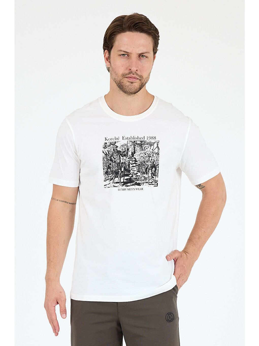 Ekru Erkek %100 Pamuk Bisiklet Yaka Kısa Kollu Baskılı Tişört Rahat ve Günlük Erkek Tişört 0018-1