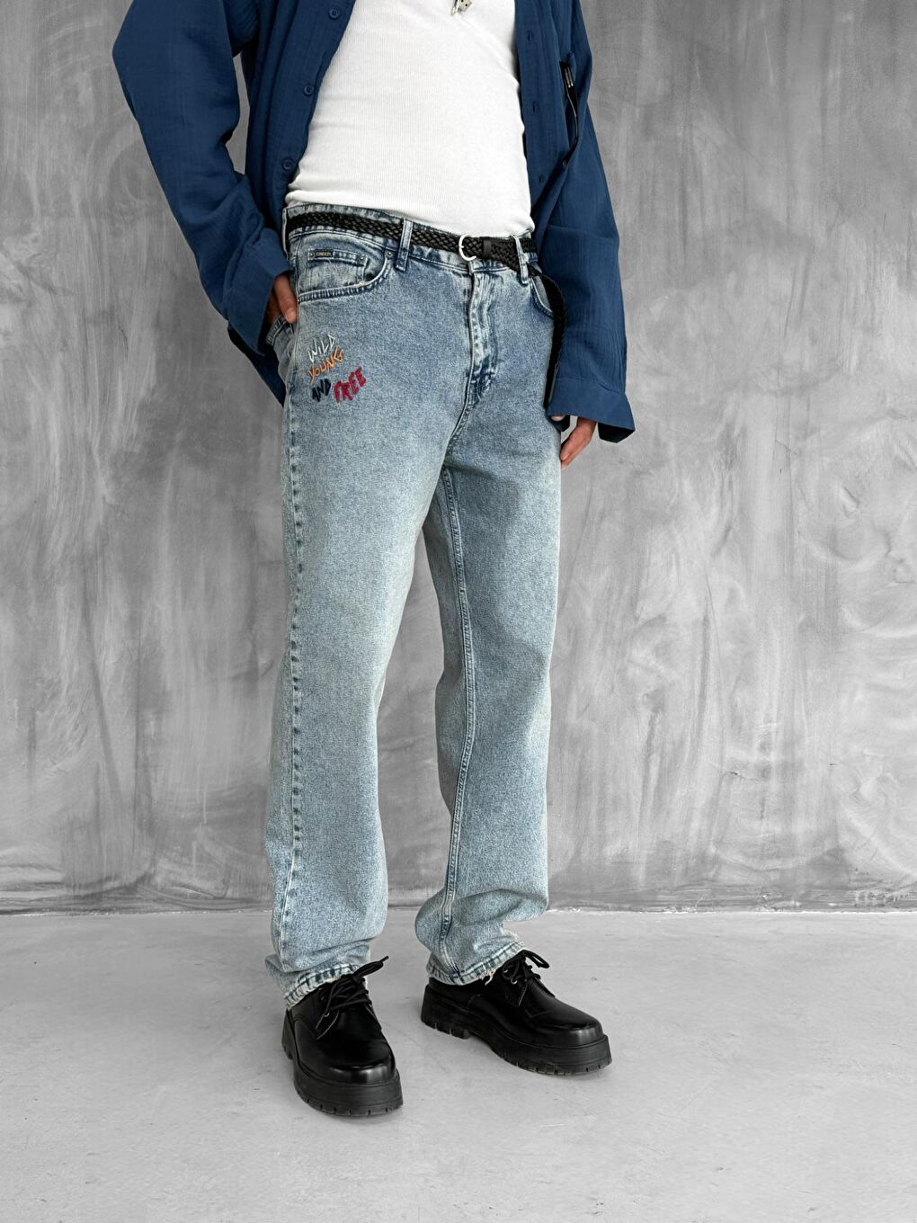 Erkek Slogan İşlemeli Baggy Jean Pantolon Mavi-1