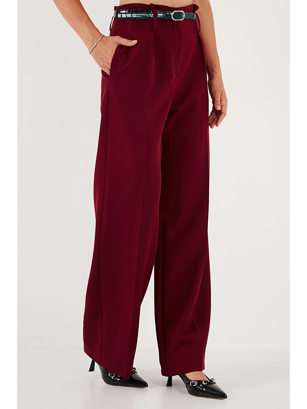 Bordo Wide Leg Yüksek Bel Geniş Paça Palazzo Pantolon 65271262-2