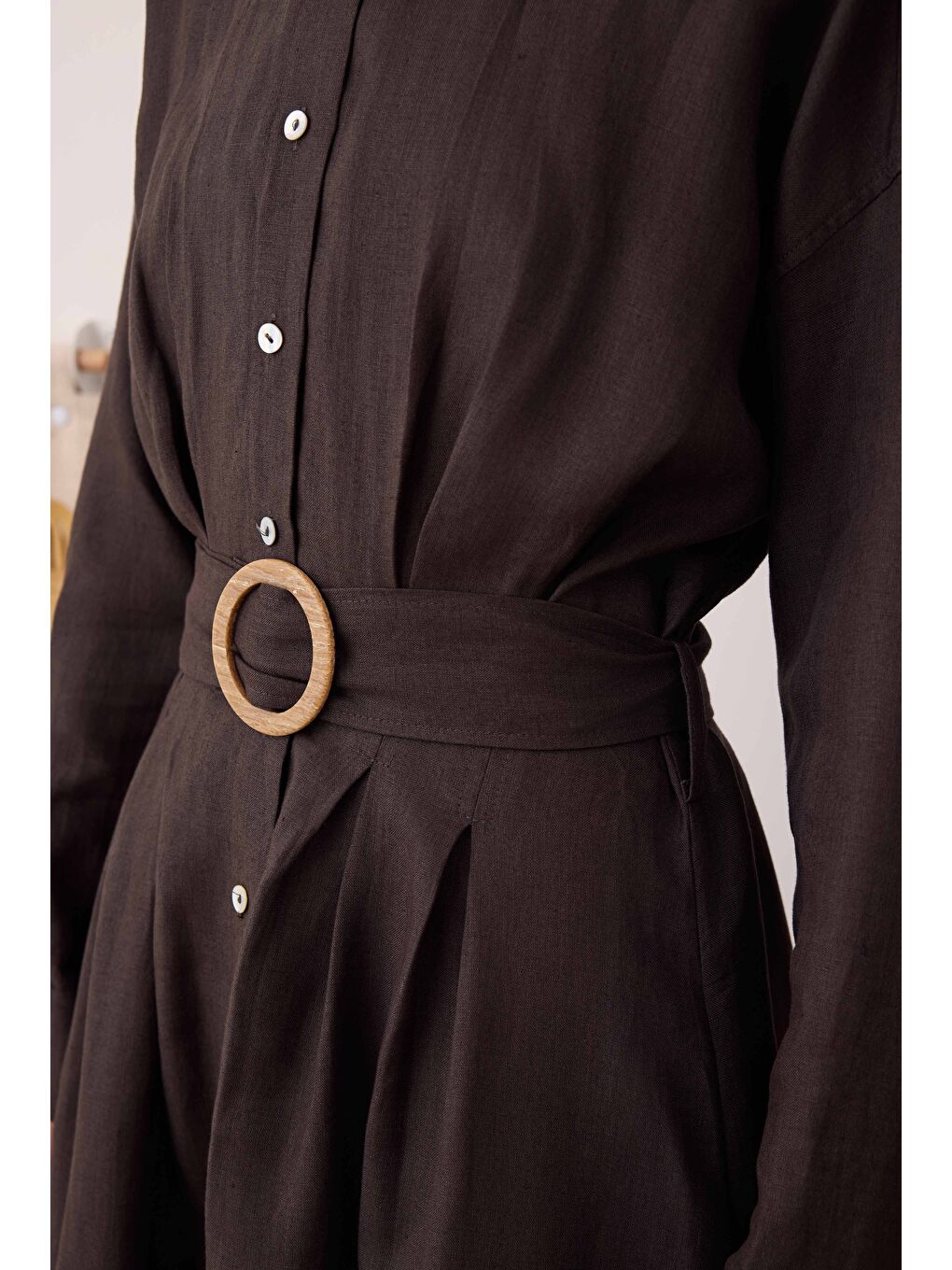 Kahverengi Keten Uzun Pileli Elbise Acı Kahve-1