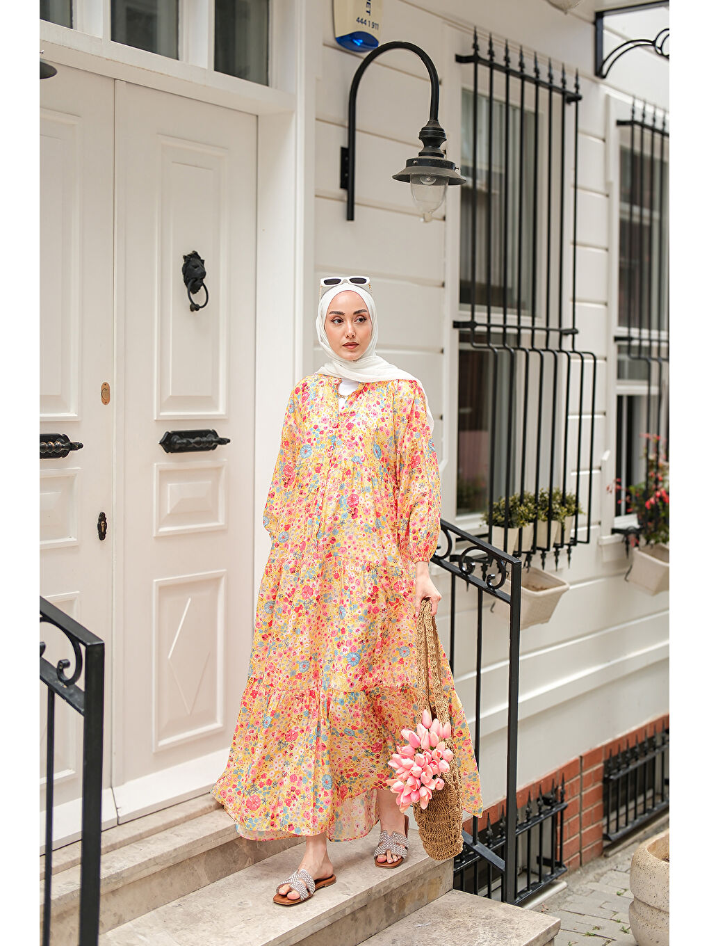 Kadın Karışık Çicek Desen Elbise Sarı-4