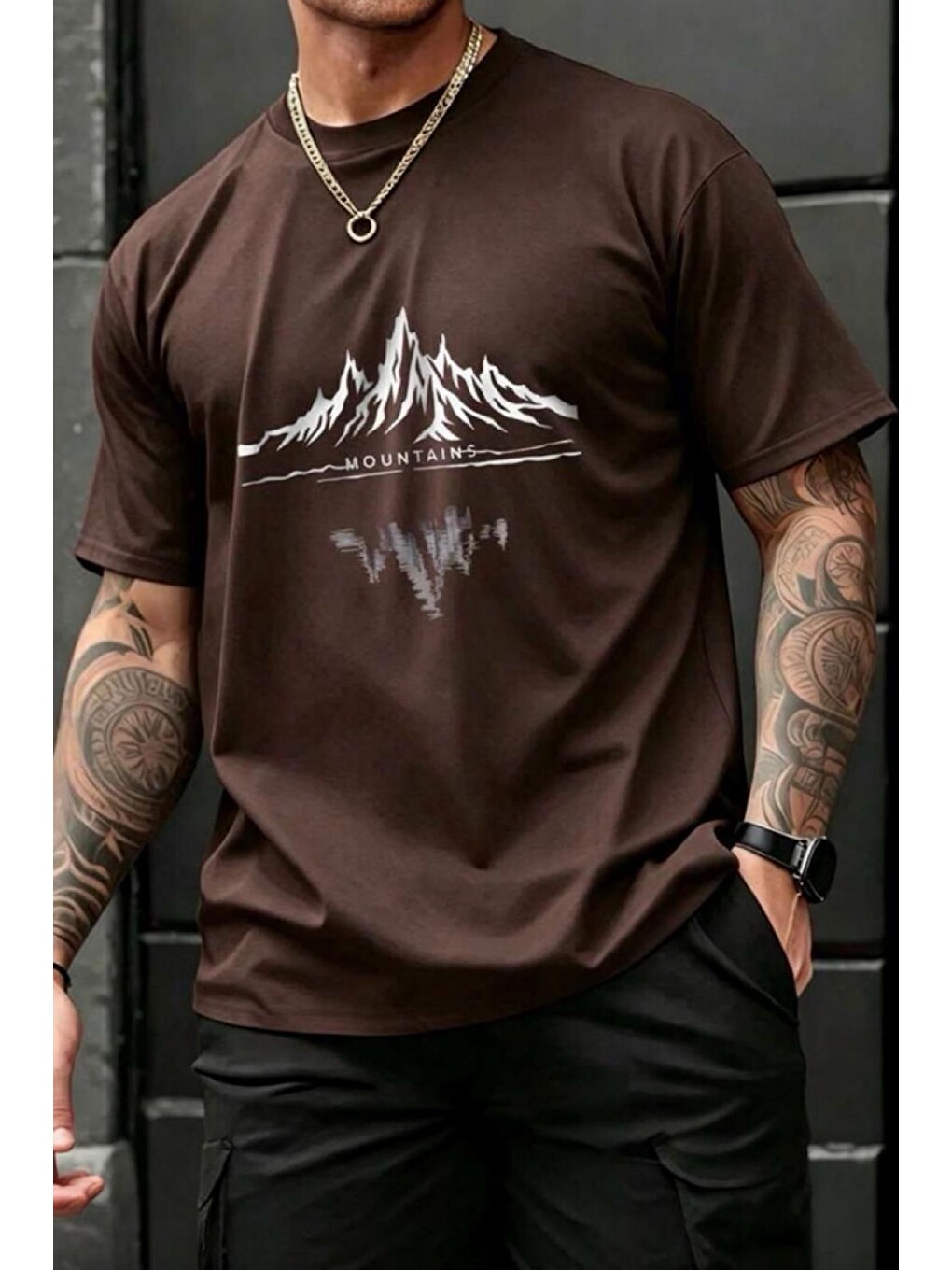 Kahverengi Mountains Baskılı Bisiklet Yaka Pamuklu Erkek T-Shirt Rahat Kesim