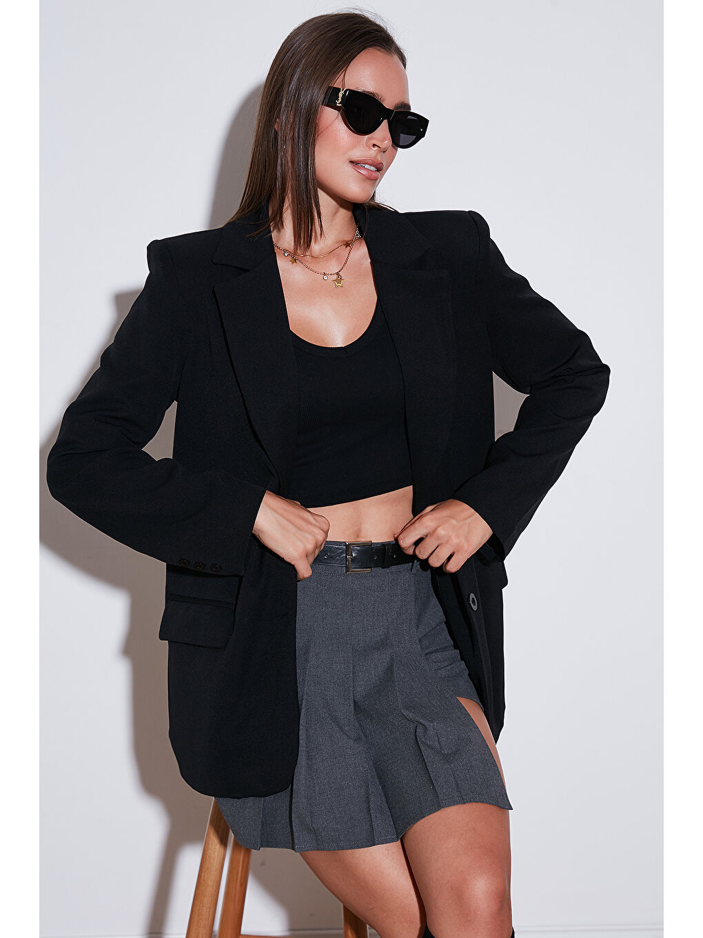 Siyah Relaxed Fit Mono Yaka Cepli Blazer Ceket 611BC00132