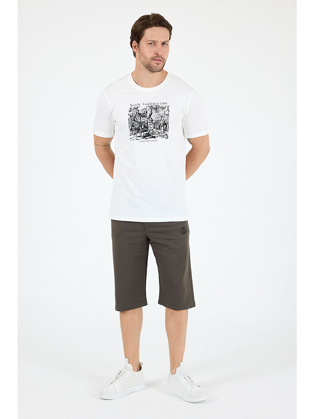 Ekru Erkek %100 Pamuk Bisiklet Yaka Kısa Kollu Baskılı Tişört Rahat ve Günlük Erkek Tişört 0018-2