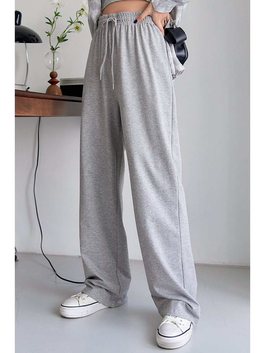 Gri Bağcıklı Bel Düz Paça Eşofman Altı, Kadın Eşofman Altı-3