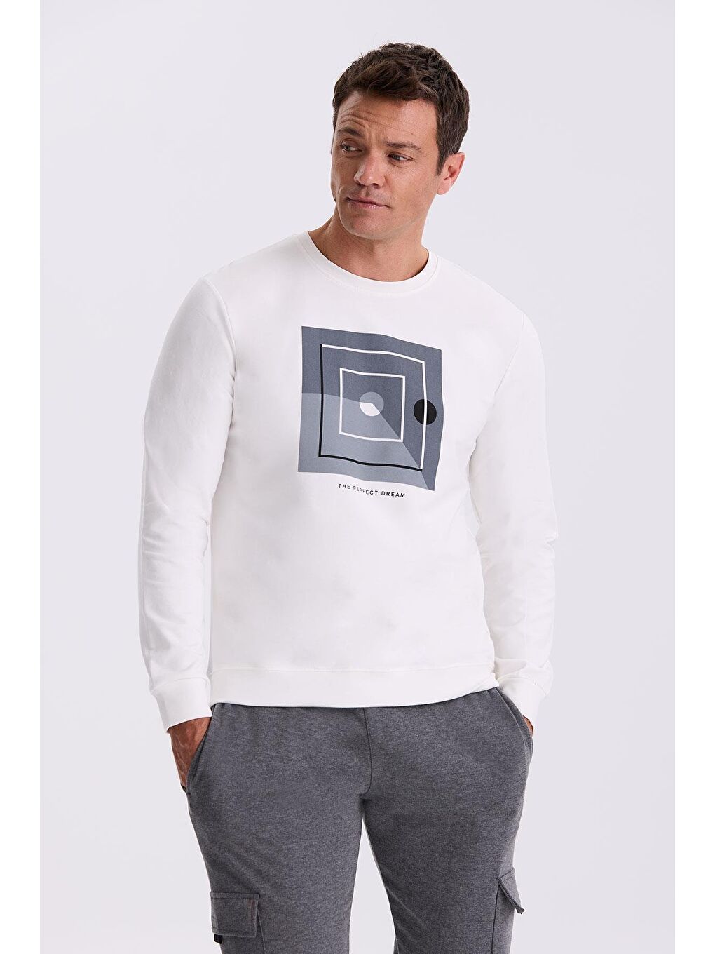 Ekru Slim Fit Bisiklet Yaka Baskılı %100 Pamuk Sweatshirt