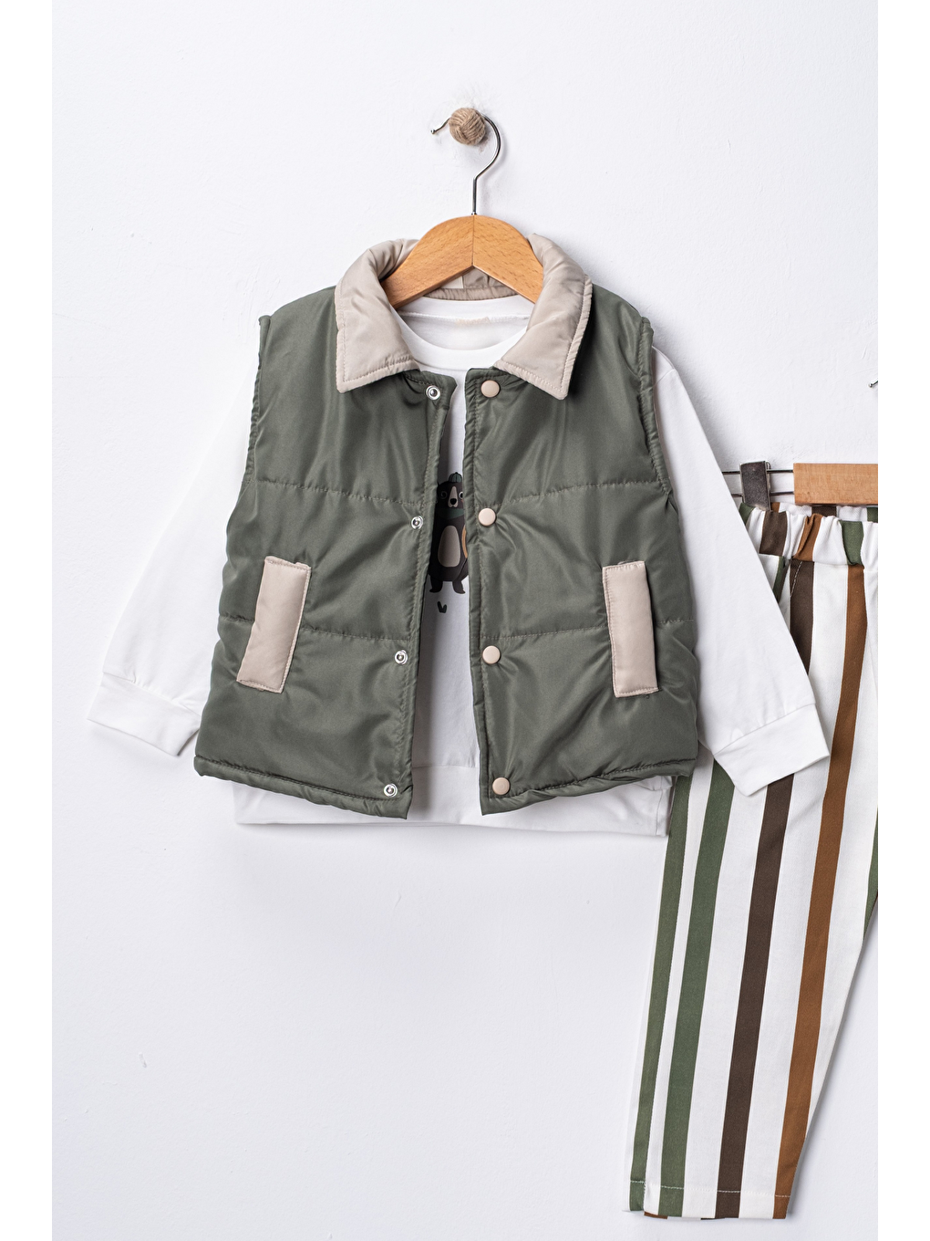 Yeşil Erkek Çocuk Yelek-Sweatshirt-Çizgili Pantolon 3'lü Takım (2-5 Yaş)-3