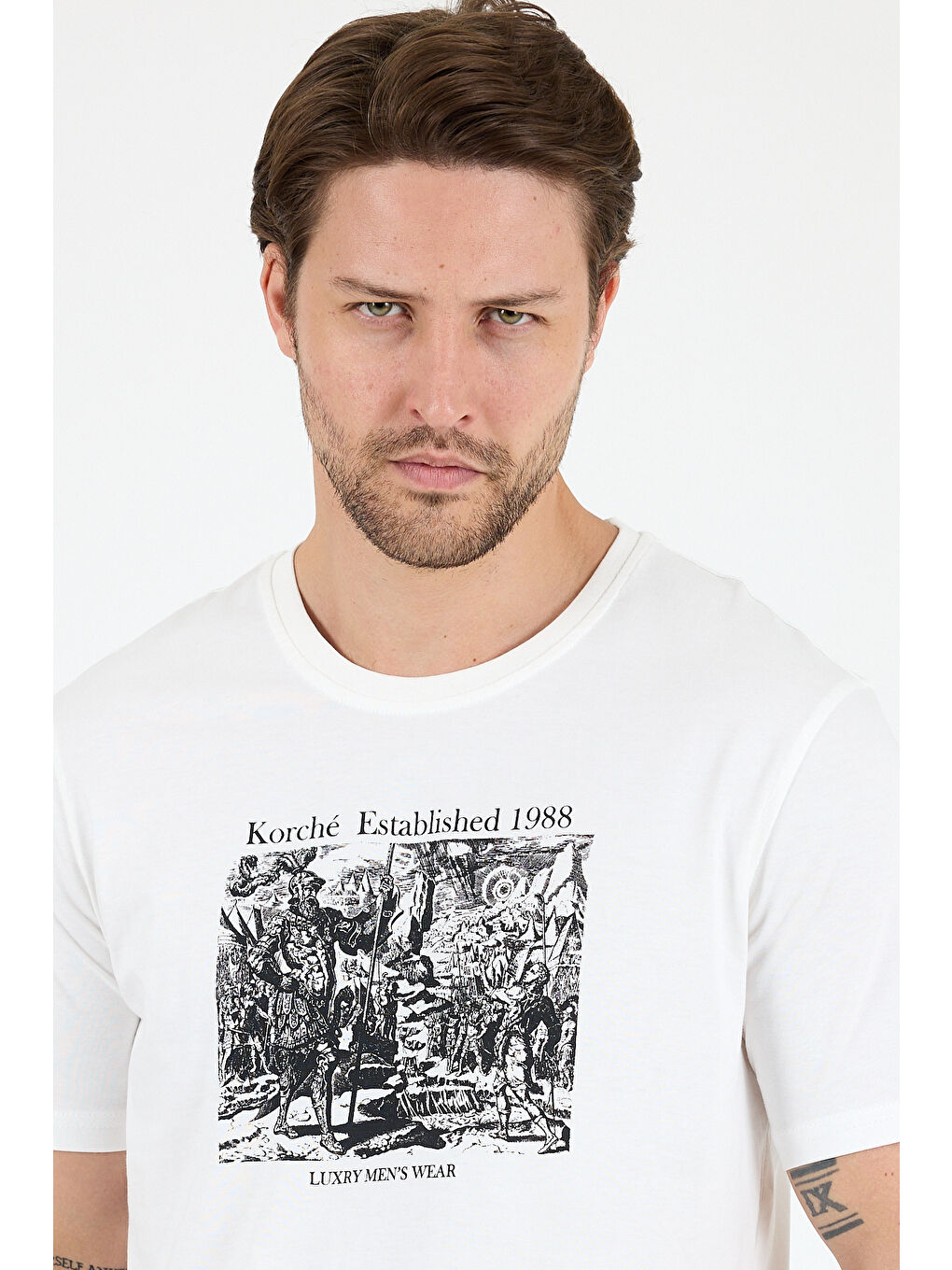 Ekru Erkek %100 Pamuk Bisiklet Yaka Kısa Kollu Baskılı Tişört Rahat ve Günlük Erkek Tişört 0018-3