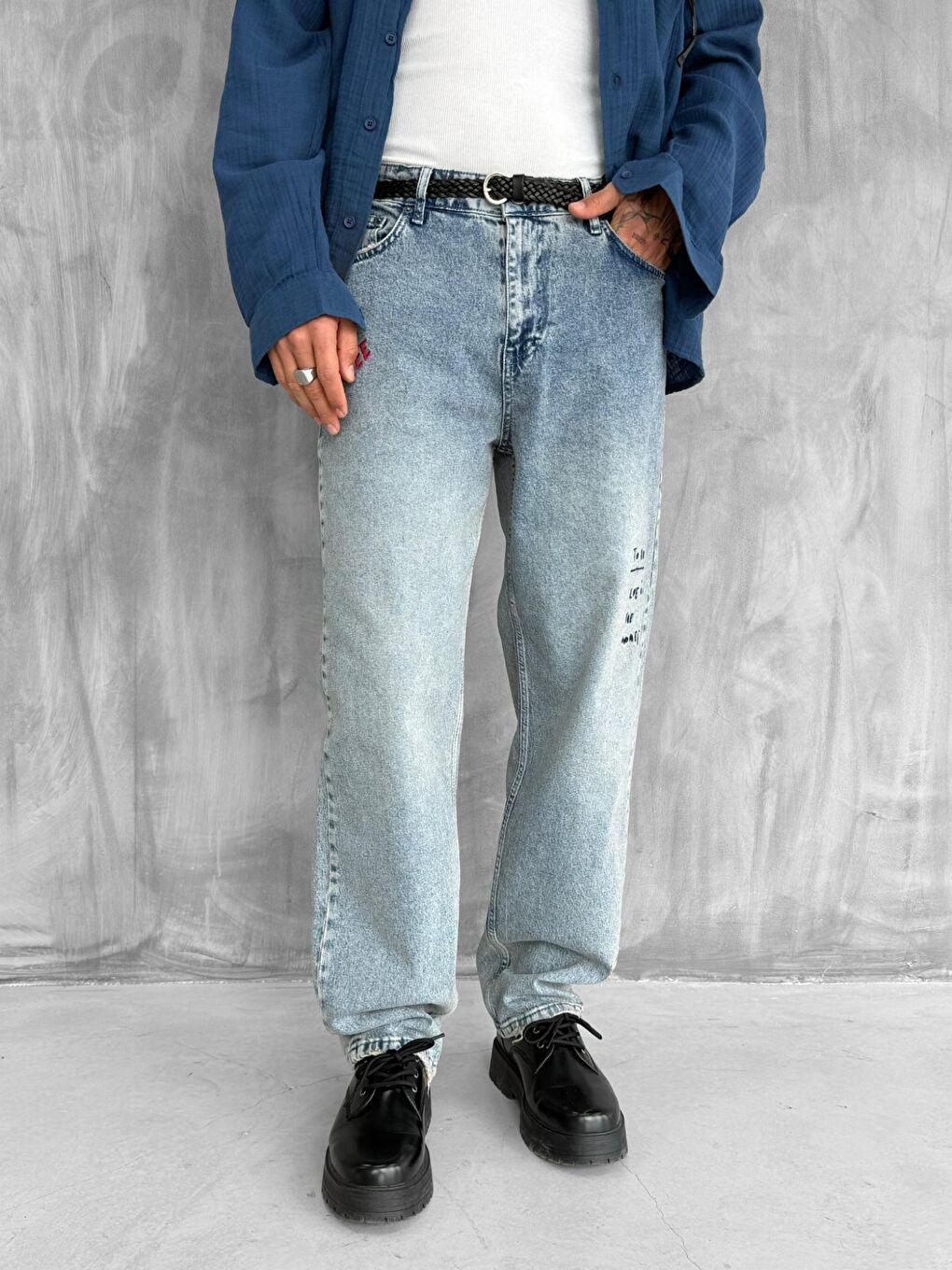 Erkek Slogan İşlemeli Baggy Jean Pantolon Mavi-2