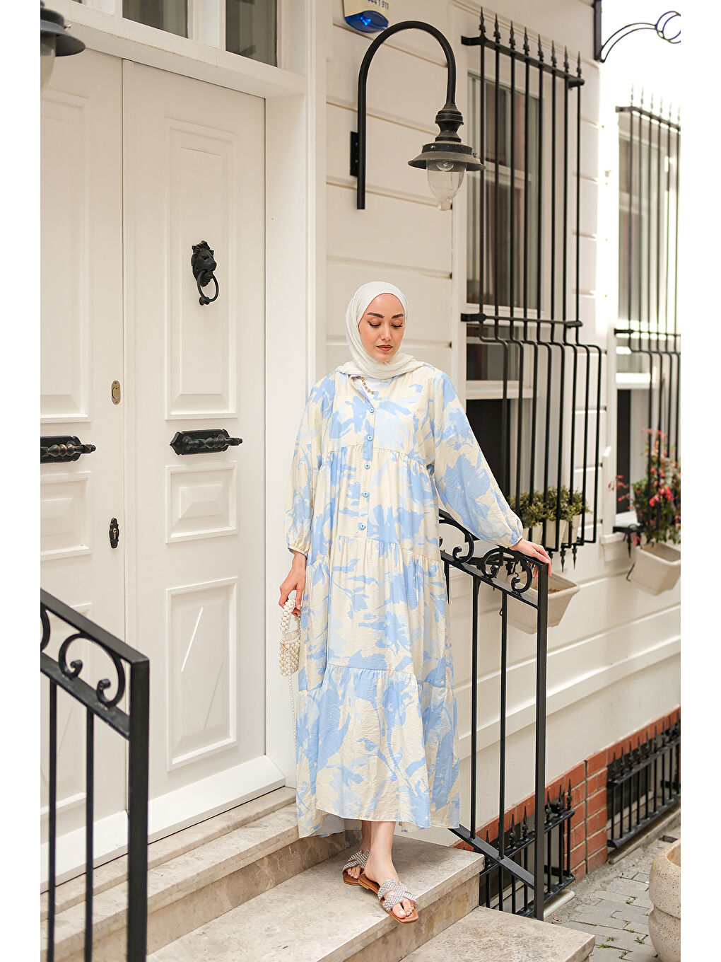 Kadın Karışık Desen Elbise Mavi-1