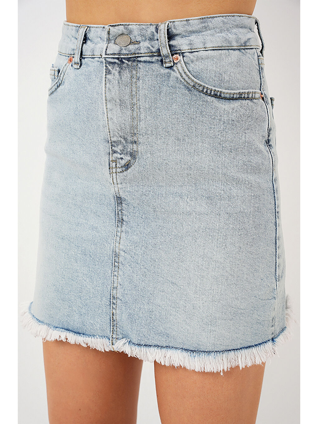 Kadın Püsküllü Mini Jean Etek 8051   Mavi-2