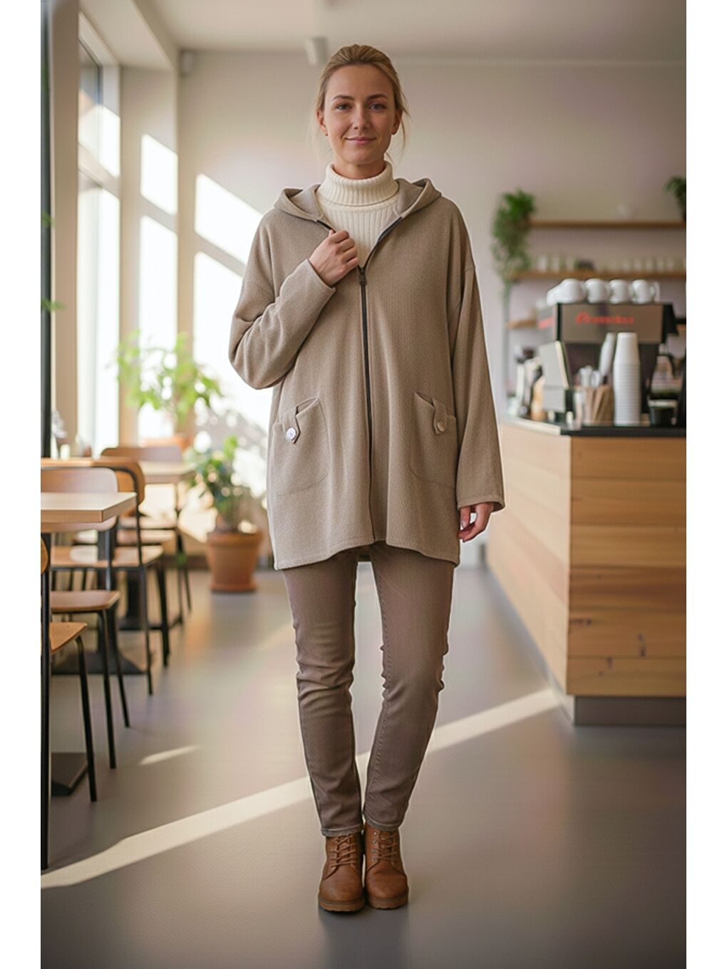 İtalyan Bej Kapüşonlu Uzun Kol Fermuarlı Cepli Casual Kadife Oversize Dokuma Ceket 0 0-2