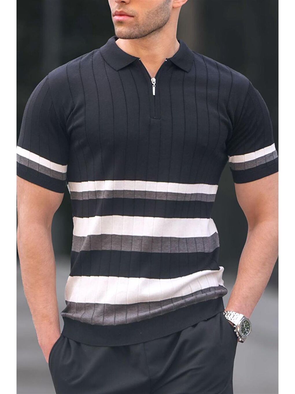 Çizgili Triko Siyah Polo Yaka Tişört 6356-2