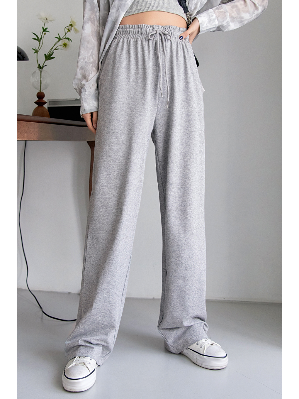 Gri Bağcıklı Bel Düz Paça Eşofman Altı, Kadın Eşofman Altı-4