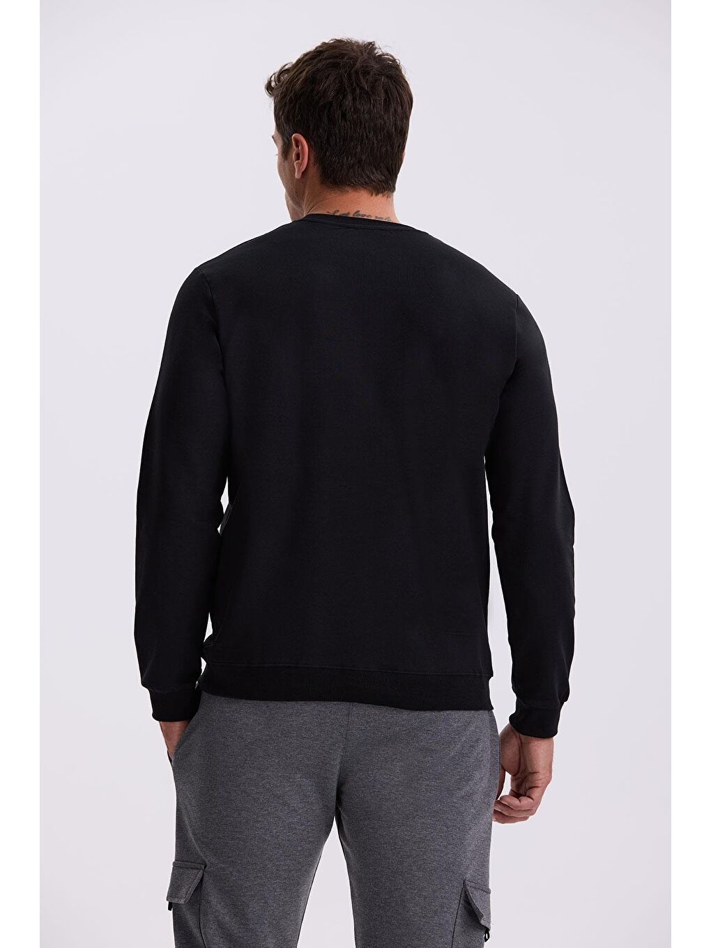 Siyah Slim Fit Bisiklet Yaka Baskılı %100 Pamuk Sweatshirt-3