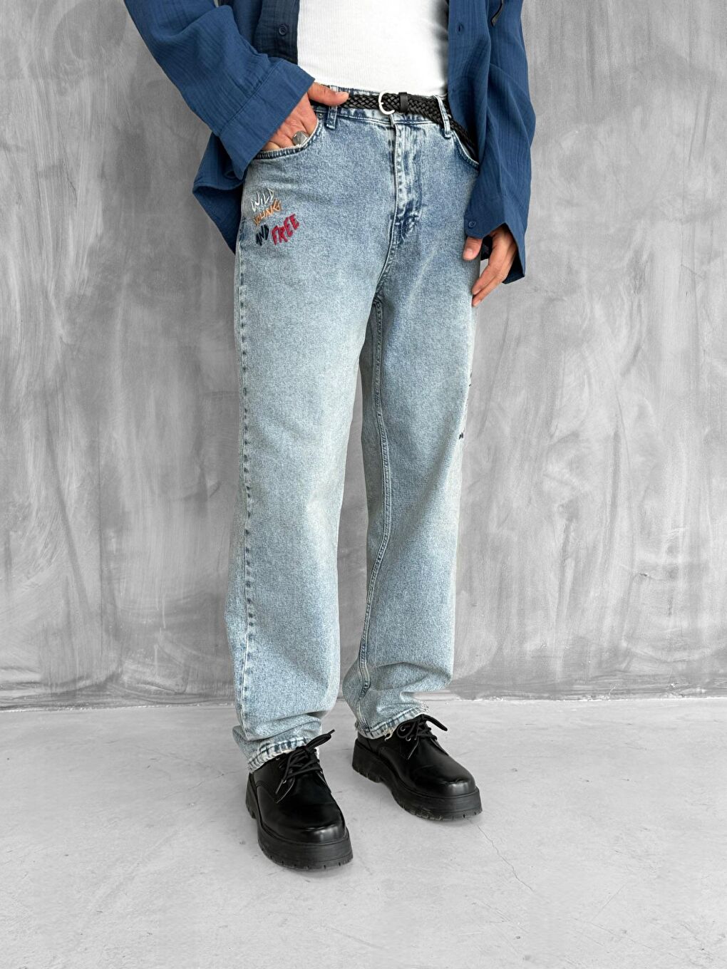 Erkek Slogan İşlemeli Baggy Jean Pantolon Mavi-3