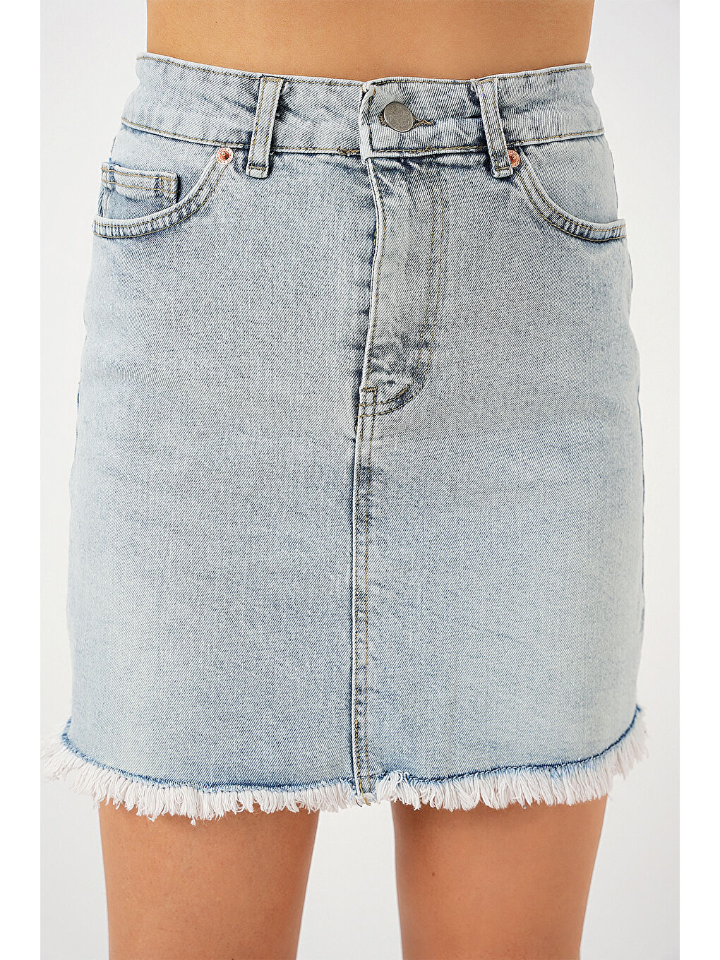 Kadın Püsküllü Mini Jean Etek 8051   Mavi-4