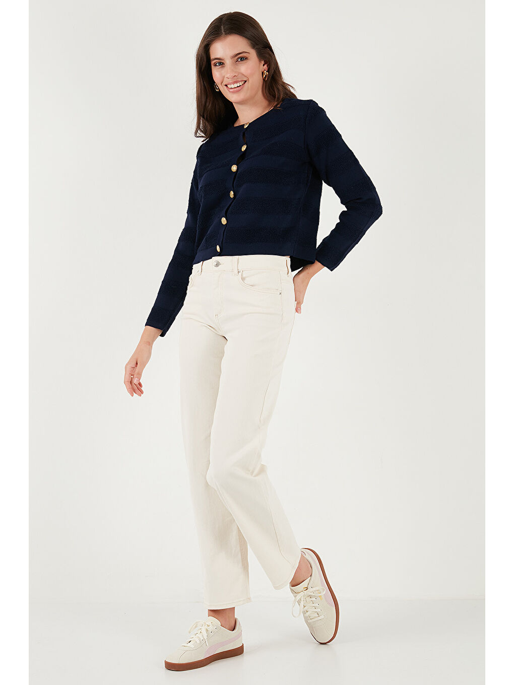 Lacivert Premium Regular Fit Bisiklet Yaka Düğmeli Dokulu Triko Hırka 680HI00337-2