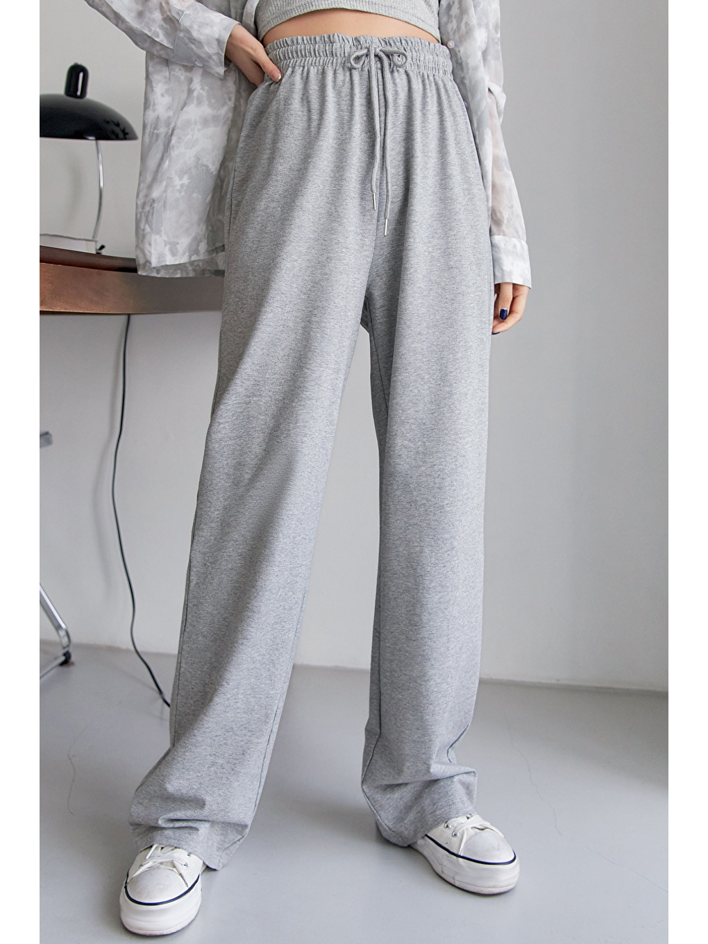 Gri Bağcıklı Bel Düz Paça Eşofman Altı, Kadın Eşofman Altı-5