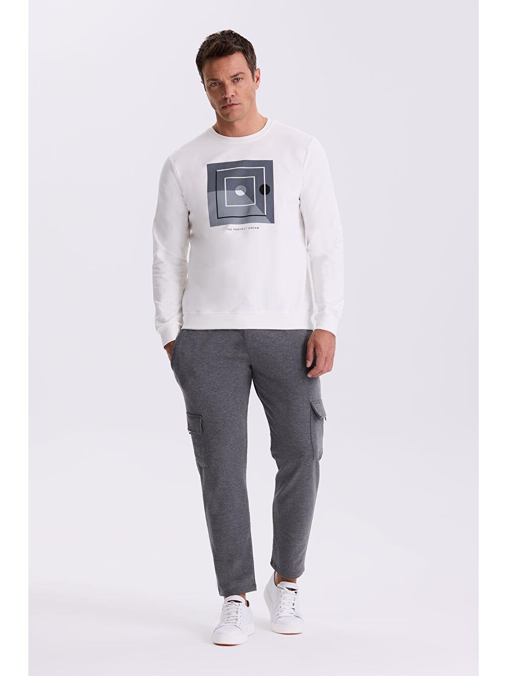 Ekru Slim Fit Bisiklet Yaka Baskılı %100 Pamuk Sweatshirt-1