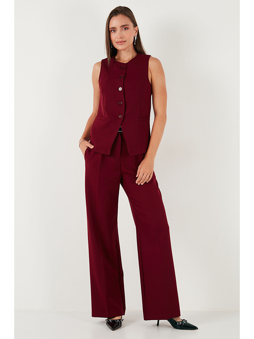 Bordo Wide Leg Yüksek Bel Geniş Paça Palazzo Pantolon 65271262-3