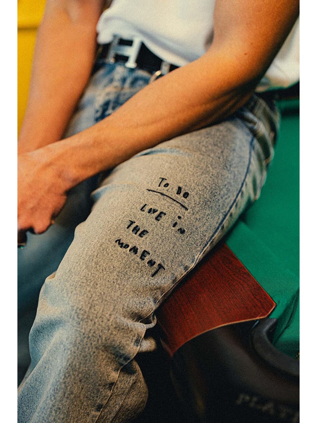 Erkek Slogan İşlemeli Baggy Jean Pantolon Mavi-4